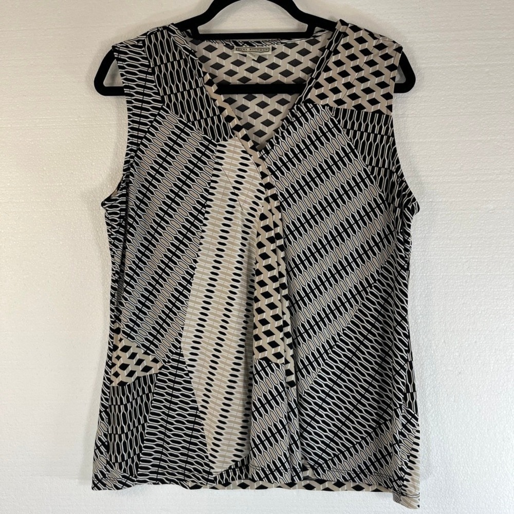 Dana Buchman Womens L Black Gray Geometric Print‎ Sleeveless V-Neck Blouse Top
